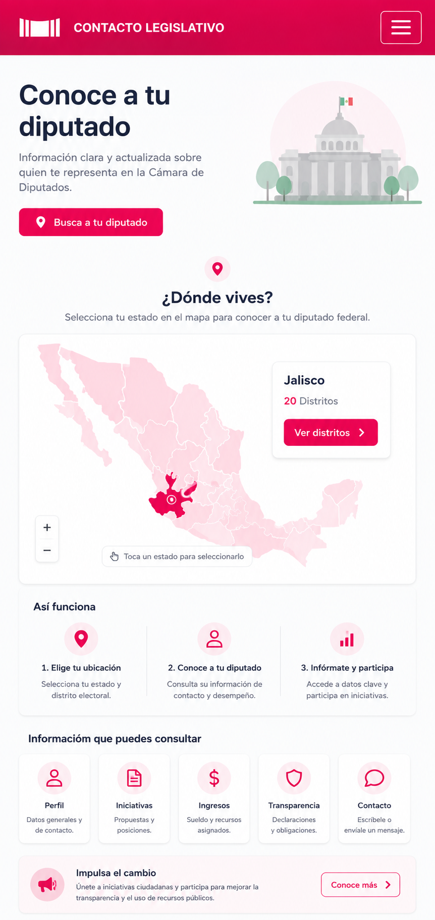 Contacto Legislativo — promotional infographic showing legislative statistics