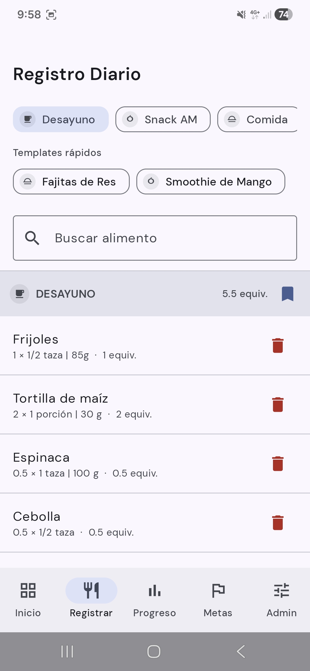 SMAE Tracker — food log screen with meal tabs and food search