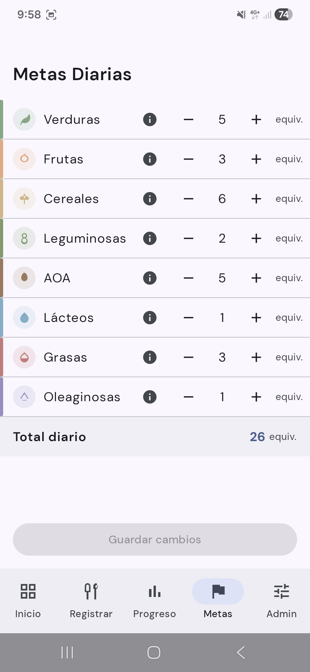 SMAE Tracker — daily goals editor showing all SMAE exchange group targets